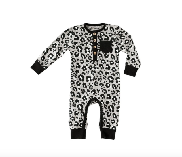 Long Sleeve Wooden Button Romper - Contemporary Leopard