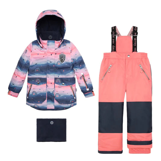 Printed Rainbow Two Piece Snowsuit Coral Pink And Navy Blue