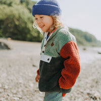 GREEN COLOR BLOCK PLUSH SWEATSHIRT WITH STAND-UP COLLAR, CHILD