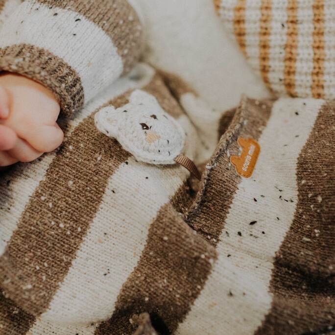 STRIPED BROWN AND WHITE KNIT ONE-PIECE, NEWBORN
